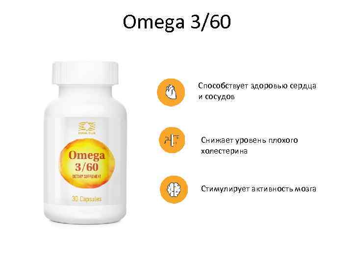 Omega 3/60 Способствует здоровью сердца и сосудов Снижает уровень плохого холестерина Стимулирует активность мозга