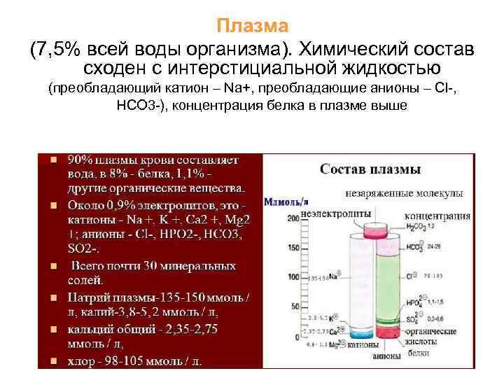 Плазма (7, 5% всей воды организма). Химический состав сходен с интерстициальной жидкостью (преобладающий катион