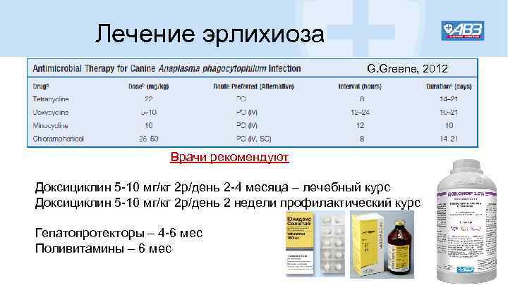 Лечение эрлихиоза G. Greene, 2012 Врачи рекомендуют Доксициклин 5 -10 мг/кг 2 р/день 2