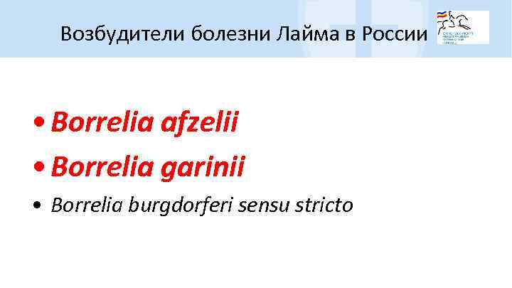 Возбудители болезни Лайма в России • Borrelia afzelii • Borrelia garinii • Borrelia burgdorferi