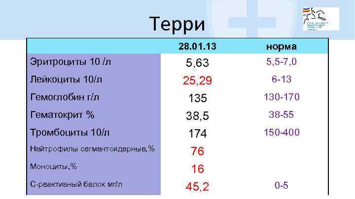 Терри 28. 01. 13 Эритроциты 10 /л Лейкоциты 10/л Гемоглобин г/л Гематокрит % Тромбоциты