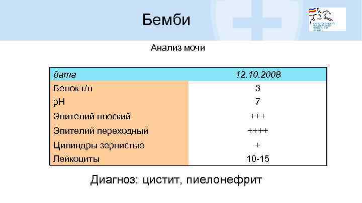 Бемби Анализ мочи дата Белок г/л р. Н 12. 10. 2008 3 7 Эпителий