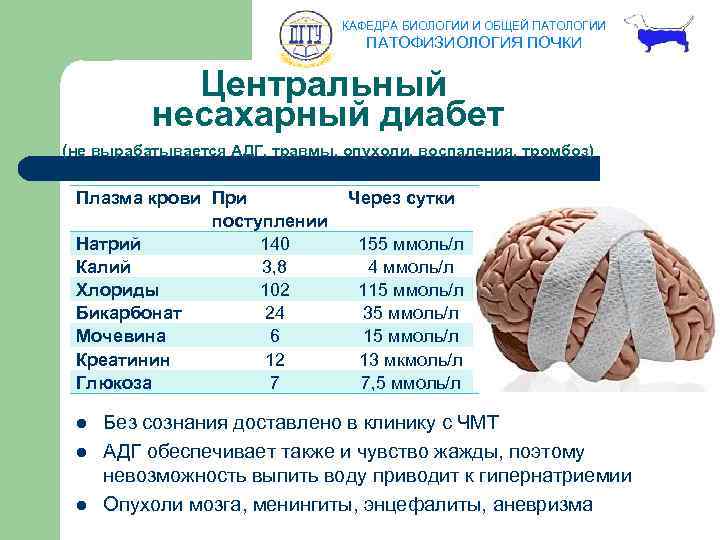 КАФЕДРА БИОЛОГИИ И ОБЩЕЙ ПАТОЛОГИИ ПАТОФИЗИОЛОГИЯ ПОЧКИ Центральный несахарный диабет (не вырабатывается АДГ, травмы,