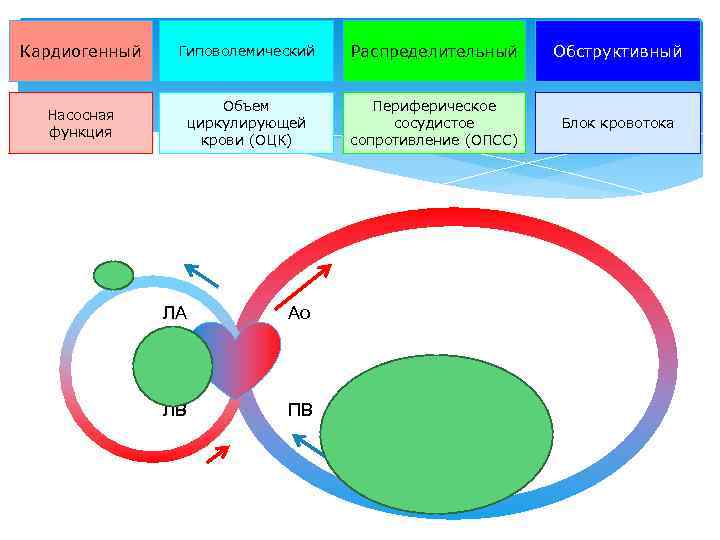 Кардиогенный Гиповолемический Распределительный Обструктивный Насосная функция Объем циркулирующей крови (ОЦК) Периферическое сосудистое сопротивление (ОПСС)