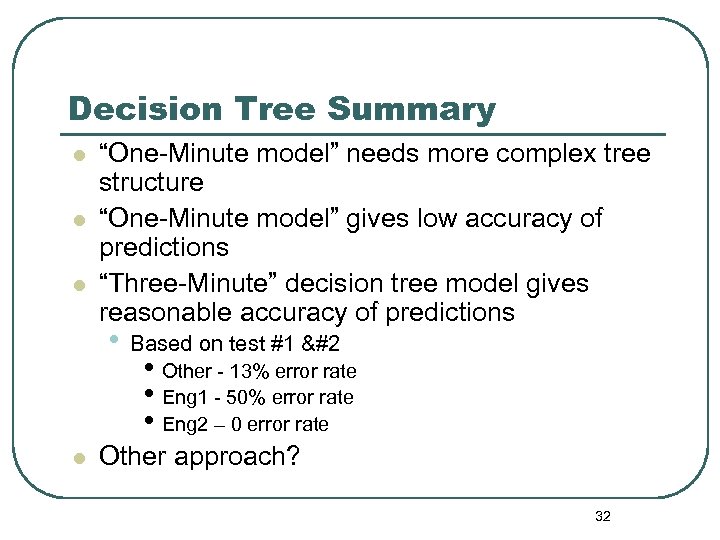 Decision Tree Summary l l l “One-Minute model” needs more complex tree structure “One-Minute