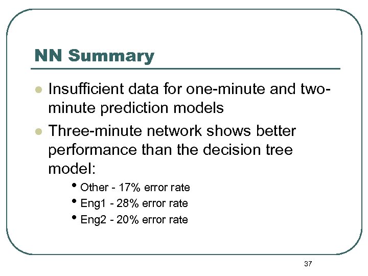 NN Summary l l Insufficient data for one-minute and twominute prediction models Three-minute network