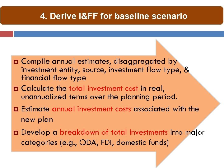 4. Derive I&FF for baseline scenario p p Compile annual estimates, disaggregated by investment