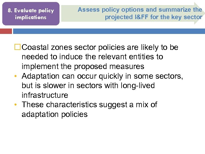 8. Evaluate policy implications Assess policy options and summarize the projected I&FF for the