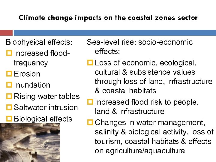 Climate change impacts on the coastal zones sector Biophysical effects: p Increased floodfrequency p