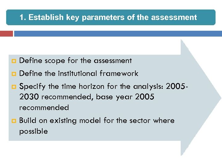 1. Establish key parameters of the assessment p p Define scope for the assessment
