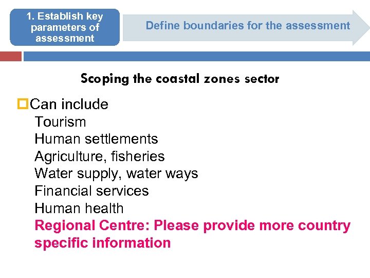 1. Establish key parameters of assessment Define boundaries for the assessment Scoping the coastal