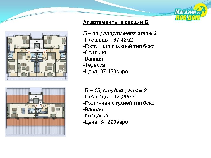 Апартаменты в секции Б: Б – 11 ; апартамет; этаж 3 -Площадь – 87,