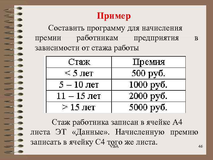 Пример Составить программу для начисления премии работникам предприятия зависимости от стажа работы в Стаж