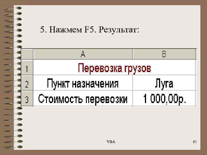 5. Нажмем F 5. Результат: VBA 61 