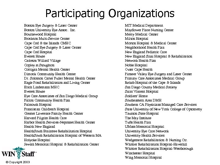 Participating Organizations Boston Eye Surgery & Laser Center Boston University Eye Assoc. Inc. Bournewood