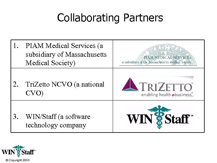 Collaborating Partners 1. PIAM Medical Services (a subsidiary of Massachusetts Medical Society) 2. Tri.