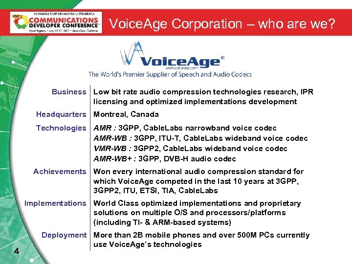 Voice. Age Corporation – who are we? Business Low bit rate audio compression technologies