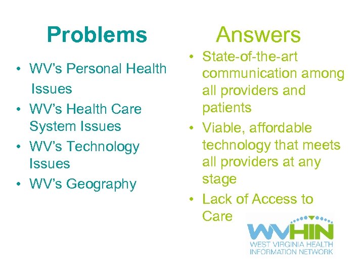 Problems • WV’s Personal Health Issues • WV’s Health Care System Issues • WV’s