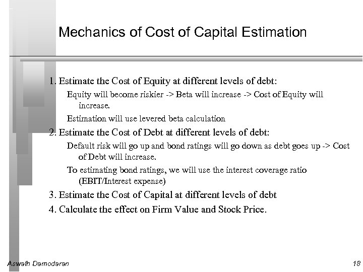 Mechanics of Cost of Capital Estimation 1. Estimate the Cost of Equity at different