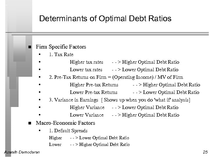 Determinants of Optimal Debt Ratios Firm Specific Factors • • • 1. Tax Rate