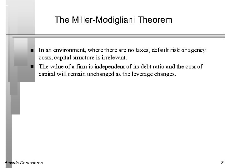 The Miller-Modigliani Theorem In an environment, where there are no taxes, default risk or