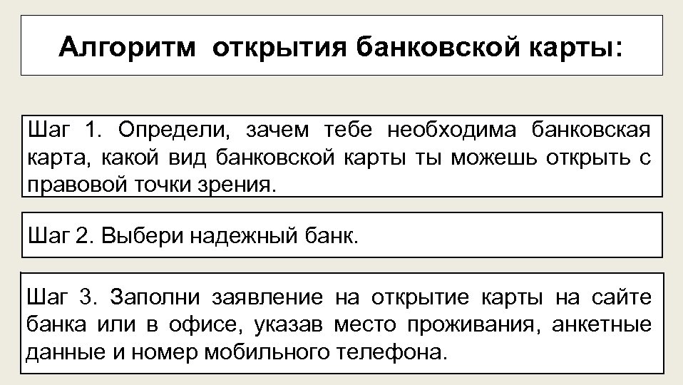 Алгоритм открытия банковской карты: Шаг 1. Определи, зачем тебе необходима банковская карта, какой вид