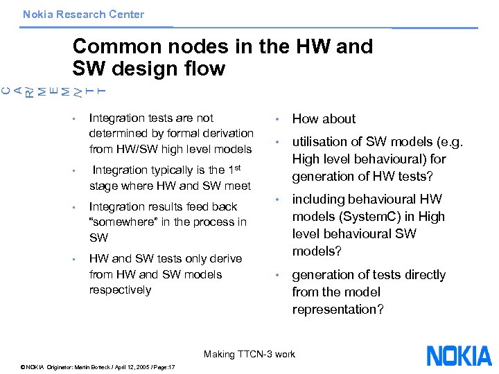 Nokia Research Center C A R/ M E M /V T T Common nodes