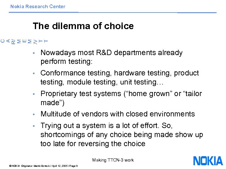 Nokia Research Center C A R/ M E M /V T T The dilemma