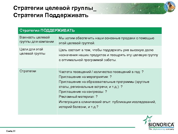 Стратегии целевой группы_ Стратегия Поддерживать Стратегия ПОДДЕРЖИВАТЬ Важность целевой группы для компании Цели для