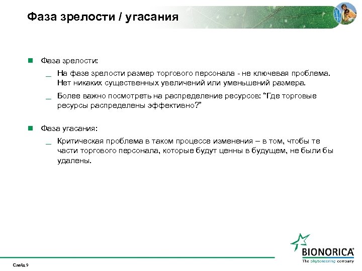 Фаза зрелости / угасания n Фаза зрелости: _ На фазе зрелости размер торгового персонала