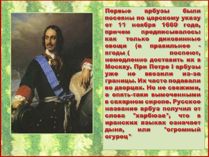 Первые арбузы были посеяны по царскому указу от 11 ноября 1660 года, причем предписывалось: