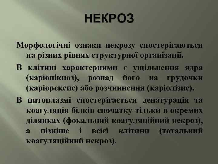 НЕКРОЗ Морфологічні ознаки некрозу спостерігаються на різних рівнях структурної організації. В клітині характерними є