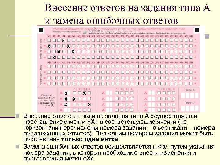 Внесение ответов на задания типа А и замена ошибочных ответов Х Х Х 2