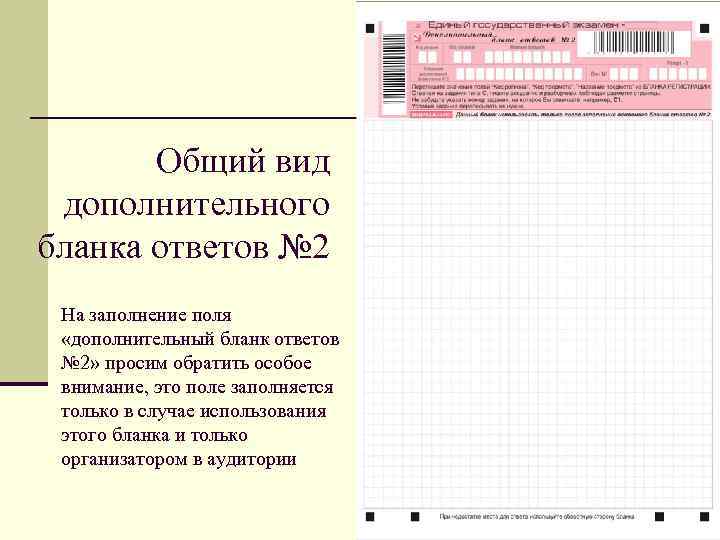 Общий вид дополнительного бланка ответов № 2 На заполнение поля «дополнительный бланк ответов №