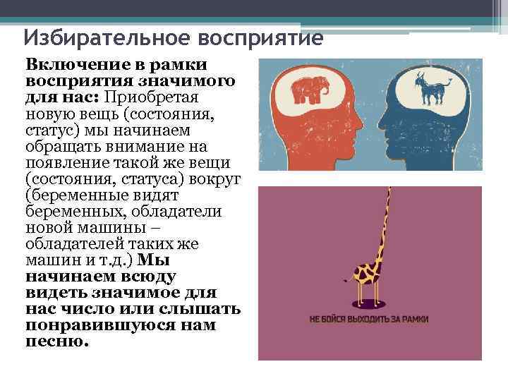 Избирательное восприятие Включение в рамки восприятия значимого для нас: Приобретая новую вещь (состояния, статус)