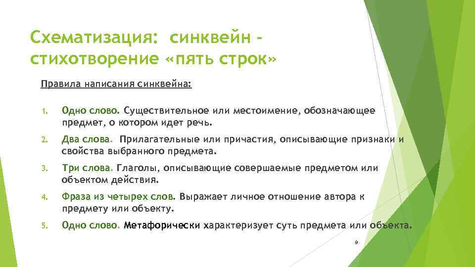 Схематизация: синквейн стихотворение «пять строк» Правила написания синквейна: 1. Одно слово. Существительное или местоимение,