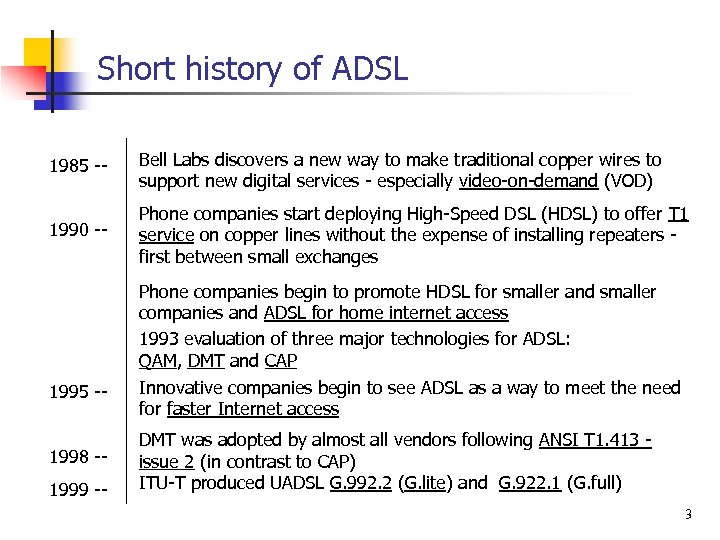 Short history of ADSL 1985 -- Bell Labs discovers a new way to make