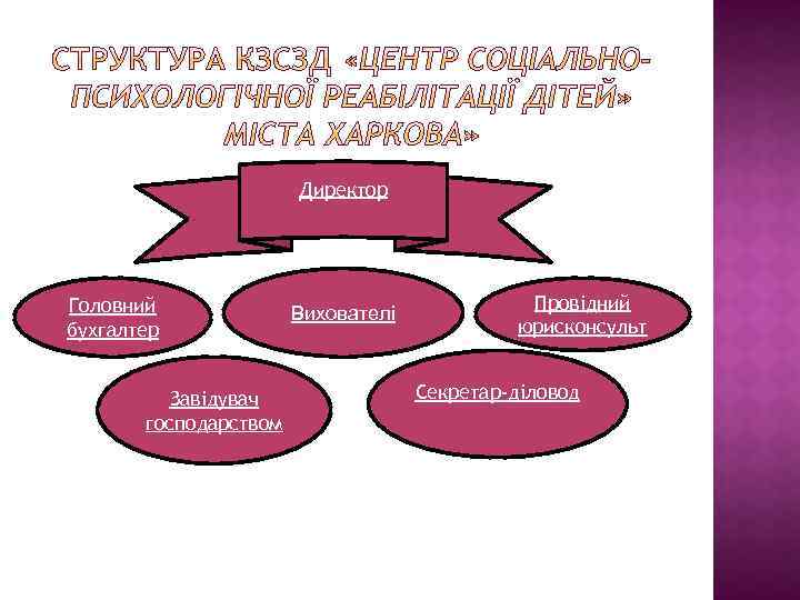 Директор Головний бухгалтер Завідувач господарством Вихователі Провідний юрисконсульт Секретар-діловод 