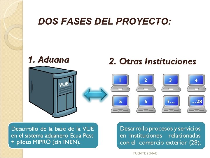 DOS FASES DEL PROYECTO: 1. Aduana 2. Otras Instituciones Desarrollo de la base de