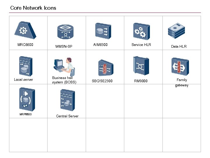 Core Network Icons MRC 6600 Local server MRP 6600 WMSN-SP Business hall system (BOSS)