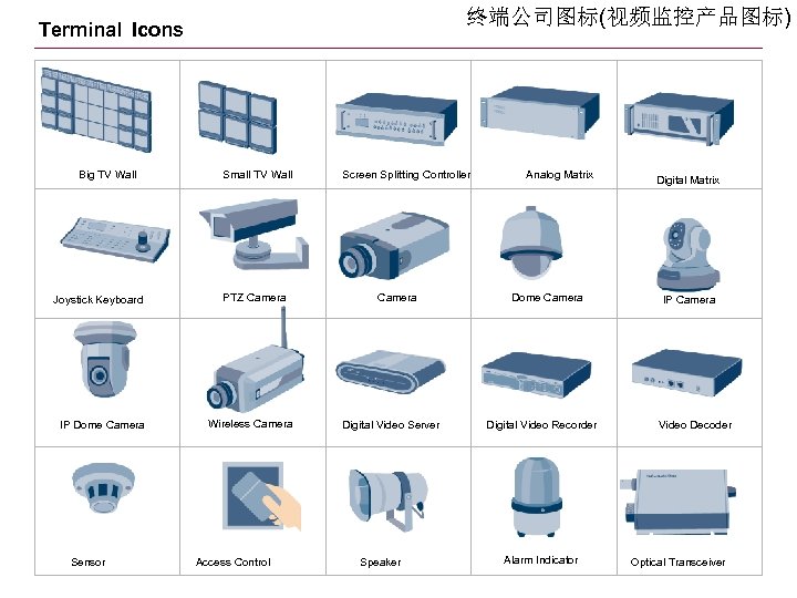 终端公司图标(视频监控产品图标) Terminal Icons Big TV Wall Joystick Keyboard IP Dome Camera Sensor Small TV