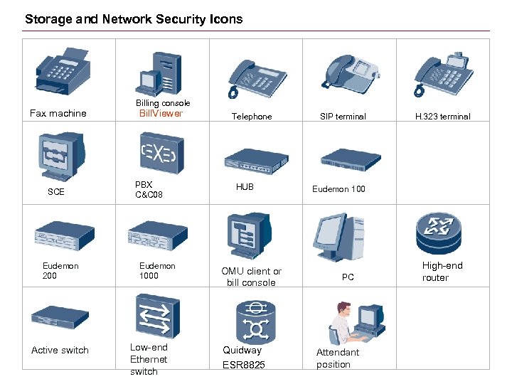 Storage and Network Security Icons Billing console Fax machine SCE Eudemon 200 Active switch