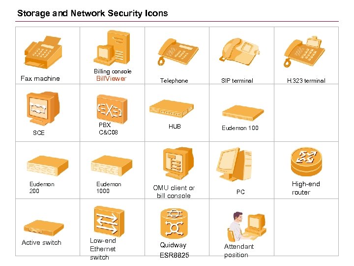 Storage and Network Security Icons Billing console Fax machine SCE Eudemon 200 Active switch