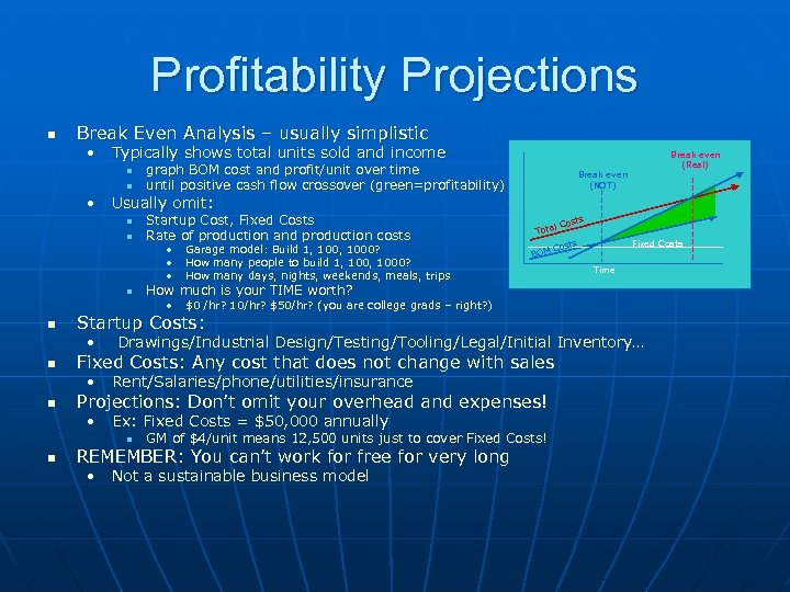 Profitability Projections n Break Even Analysis – usually simplistic • Typically shows total units