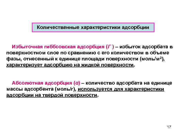 Количественные характеристики адсорбции Избыточная гиббсовская адсорбция (Г ) – избыток адсорбата в поверхностном слое