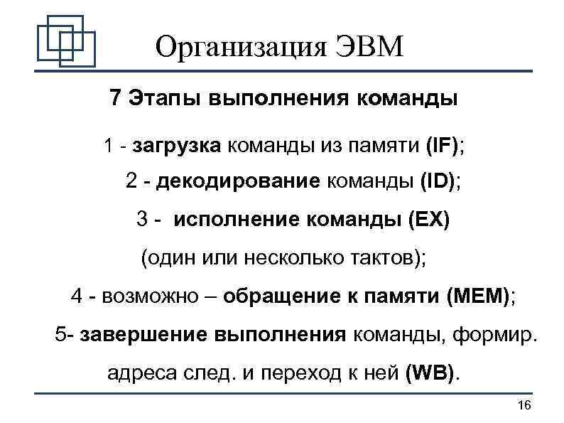 Организация ЭВМ 7 Этапы выполнения команды 1 - загрузка команды из памяти (IF); 2