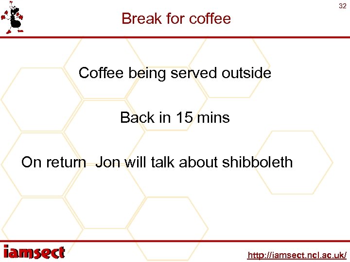 32 Break for coffee Coffee being served outside Back in 15 mins On return