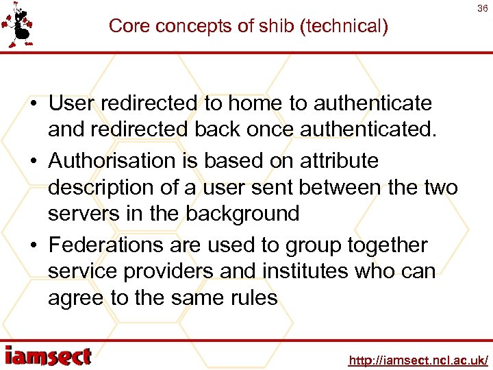 36 Core concepts of shib (technical) • User redirected to home to authenticate and