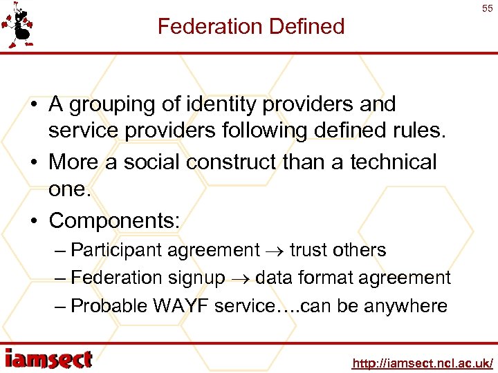 55 Federation Defined • A grouping of identity providers and service providers following defined