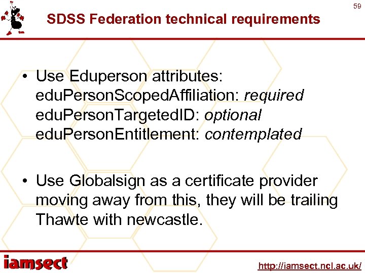 59 SDSS Federation technical requirements • Use Eduperson attributes: edu. Person. Scoped. Affiliation: required
